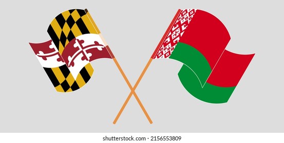 Crossed and waving flags of Belarus and the State of Maryland