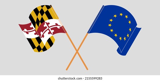 Crossed and waving flags of the EU and the State of Maryland