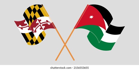 Crossed and waving flags of Jordan and the State of Maryland