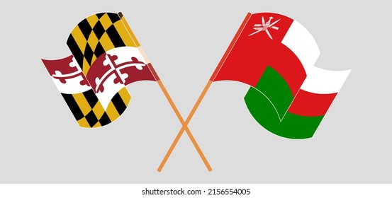 Crossed and waving flags of Oman and the State of Maryland