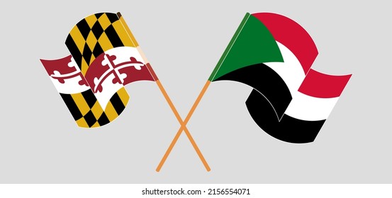 Crossed and waving flags of the Sudan and the State of Maryland