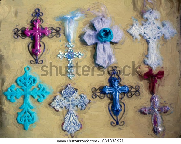 Crosses Hanging Metal Wooden Aqua Blue Religion Stock Image