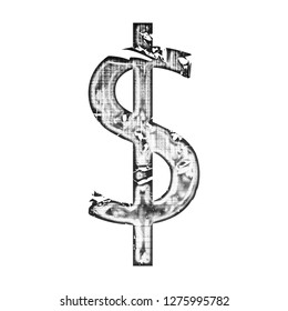 Crosshatched Grunge Metallic Silver Chrome Dollar Sign Or Money And Price Symbol In A 3D Illustration With A Grungy Glitchy Black & White Crosshatch Effect In A Damaged Font On A White Background