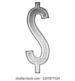 Crosshatched Grunge Metallic Silver Chrome Dollar Sign Or Money And Price Symbol In A 3D Illustration With A Grungy Glitchy Black & White Crosshatch Effect In A Gothic Font On A White Background