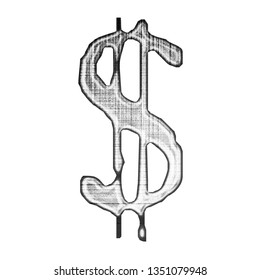 Crosshatched Grunge Metallic Silver Chrome Dollar Sign Or Money And Price Symbol In A 3D Illustration With A Grungy Glitchy Black & White Crosshatch Effect In A Jagged Font On A White Background