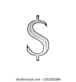 Crosshatched Grunge Metallic Silver Chrome Dollar Sign Or Money And Price Symbol In A 3D Illustration With A Grungy Glitchy Black & White Crosshatch Effect In An Old Style Font On A White Background