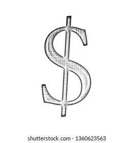 Crosshatched Grunge Metallic Silver Chrome Dollar Sign Or Money And Price Symbol In A 3D Illustration With A Grungy Glitchy Black & White Crosshatch Effect In A Libertine Font On A White Background