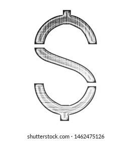 Crosshatched Grunge Metallic Silver Chrome Dollar Sign Or Money And Price Symbol In A 3D Illustration With A Grungy Glitchy Black & White Crosshatch Effect In A Stencil Type Font On A White Background