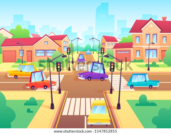 Crossroad\
with cars. City suburb traffic jam, street crosswalk with traffic\
lights and road intersection. Intersections transportation, vehicle\
crossing roads cityscape cartoon\
illustration