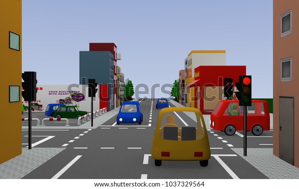 Crossroads with red glowing traffic lights,\
colorful cars and houses. 3d\
rendering