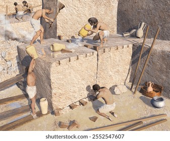 Cross-section of limestone blocks in ancient Egypt in illustration 3d and rendering