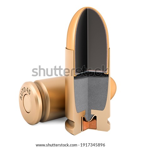Cross-section of pistol bullet, 3D rendering isolated on white background