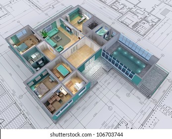 Cross-section of residential house. 3D image.