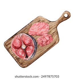 a cross-section tuna steak and slices of tuna meat, sashimi on a wooden cutting board. watercolor hand drawn composition for culinary designs, restaurant menus, food packaging, fishing promo - Powered by Shutterstock