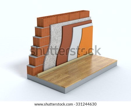 cross-section of a wall. All the layers are visible. thermal insulation (3d render)