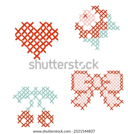 Crosstitch pattern with rose, cherry, Bow and heart