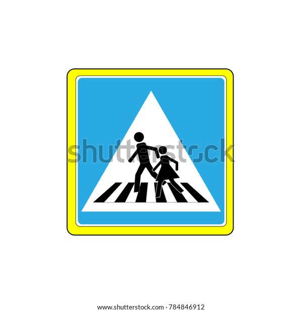 Crosswalk sign black in white triangle. Icon\
a pedestrian place for child near school. Symbol safety traffic\
human on road. Label for banner about crossing way. Design element.\
illustration