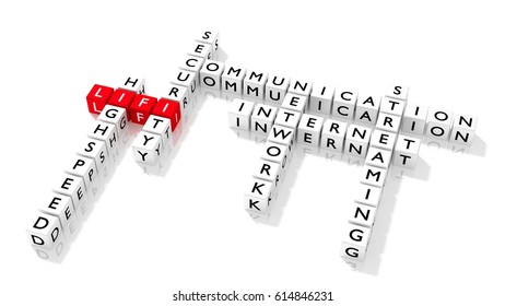 Crossword puzzle showing LIFI keywords as dice on a white board communication concept 3D illustration