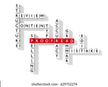 Crossword puzzle showing proofreading keywords as dice on a white proofread concept flat view 3D illustration