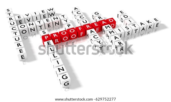 Crossword puzzle\
showing proofreading keywords as dice on a white proofread concept\
perspective view 3D\
illustration