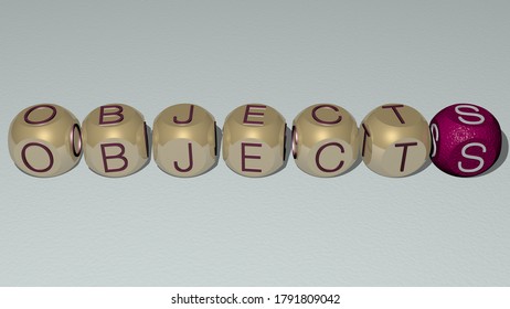 crosswords of OBJECTS arranged by cubic letters on a mirror floor, concept meaning and presentation. illustration and background. 3D illustration