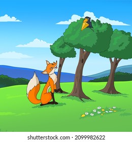 The crow with Cheese in beak
And fox by the tree.
Illustration for children's book.