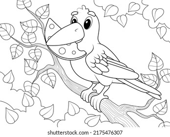 Crow Holds Cheese In Its Beak. Background Trees And Foliage. Children Coloring Book.