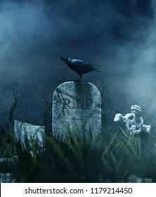 Crow On A Gravestone In Halloween Night,3d Illustration	