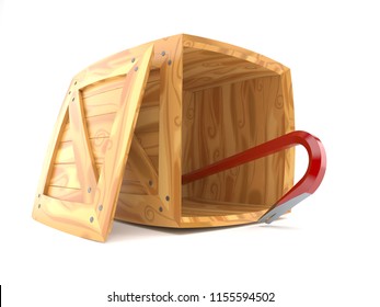 Crowbar Inside Wooden Crate On White Background. 3d Illustration