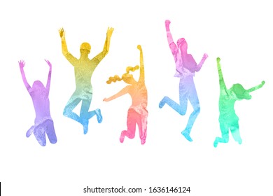 Crowd Of Active Female And Male People In Jumping Poses. Silhouettes With Watercolor Texture. Isolated On White Background. Flat Style Stock Illustration.