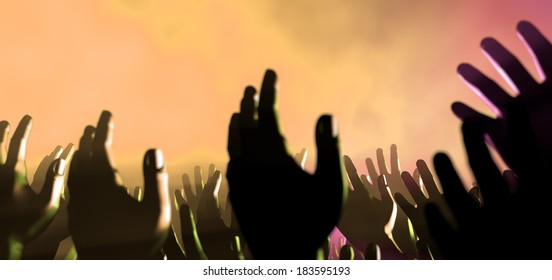 A crowd level view of hands raised from the spectating crowd interspersed by colorful spotlights and a smokey atmosphere