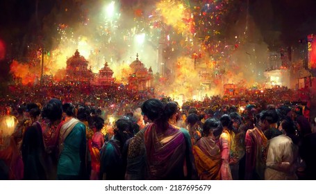 Crowd people in Diwali festival and colorful fireworks background