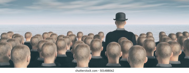 Crowd of people looking to the sea and one of them stands out with a hat on his head. Out of the box concept. This is a 3d render illustration