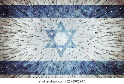 Crowd Of People On Israel Flag. Society Together. 3D Illustration