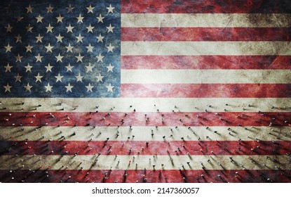 Crowd Of People On USA Flag. American Society Together. 3D Illustration