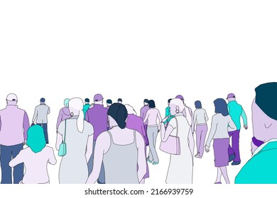 Crowd Of People Walking Forward Isolated On White Background. Back View, Backs Of People Without A Face. Flat Style. Silhouettes With Contours Of People. 3D Illustration