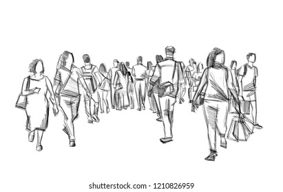 Crowd Of People Walking Illustration Pencil Sketch Isolated                               