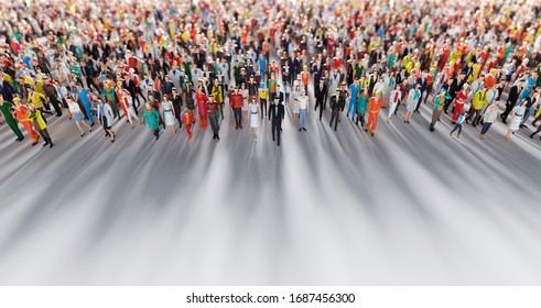 Crowd Of People Walking In One Direction. Low Poly Style. Society And Diverse World. Conceptual 3D Illustration