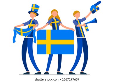 Crowd Of Persons Celebrate National Day Of Sweden With A Flag. Swedish People Celebrating A Football Team. Soccer Symbol And Victory Celebration. Sports Cartoon Symbolic Flat Illustration