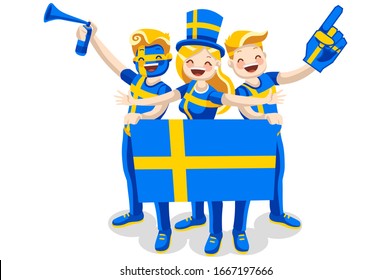 Crowd Of Persons Celebrate National Day Of Sweden With A Flag. Swedish People Celebrating A Football Team. Soccer Symbol And Victory Celebration. Sports Cartoon Symbolic Flat Illustration