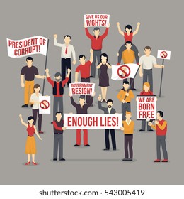 Crowd protesting people composition with expressive demanding men women with flags placards on grey background  illustration