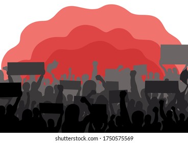 Crowd of protesting people. People stand with protests and flags. Protest and revolution. Back view. Strike. Disagreement. Equality. Empowerment. Demonstration.