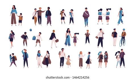 Crowd of pupils, school children with parents and students going to school, college or university. Tiny people on street isolated on white background. Colorful illustration in flat style. - Powered by Shutterstock