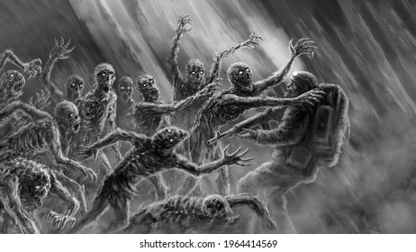 Crowd of scary zombies attacks armed soldier. Inside abandoned bunker. Illustration in horror genre. Black and white background. Fantasy drawing for creepy Halloween. Grunge, coal and noise effects. 