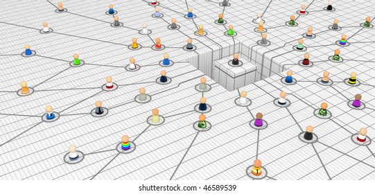 Crowd of small symbolic 3d figures linked by lines, isolated