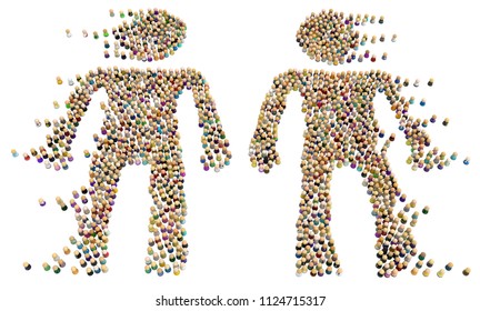 Crowd Of Small Symbolic Figures Forming Big Person Shapes Two Drifting Apart, 3d Illustration, Horizontal, Isolated, Over White