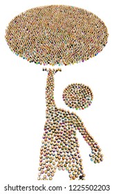 Crowd Of Small Symbolic Figures Forming Big Person Shape Holding Orb, 3d Illustration, Horizontal, Isolated, Over White