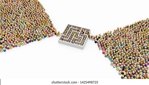 Crowd Of Small Symbolic Figures, Labyrinth Bottleneck, 3d Illustration, Horizontal Background, Over White, Isolated