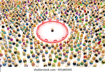 Crowd Of Small Symbolic Figures, Personal Space Border, 3d Illustration, Horizontal