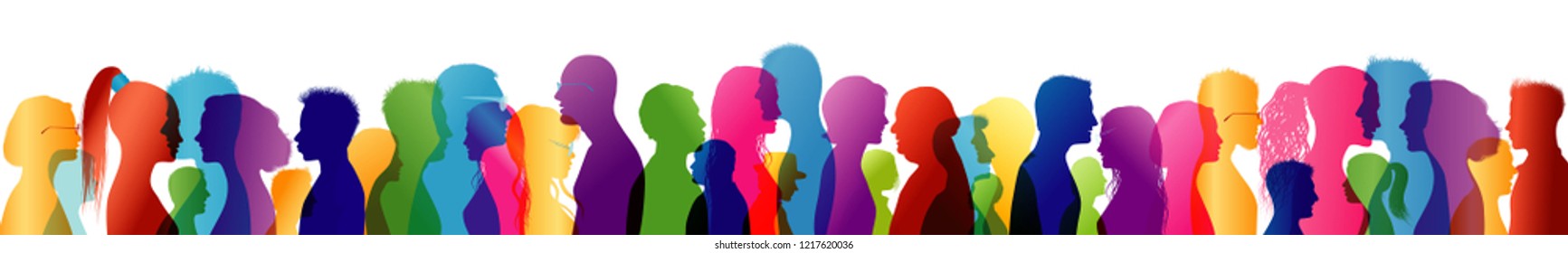 Crowd talking. Group of people talking. Speak. To communicate. Colored silhouette profiles